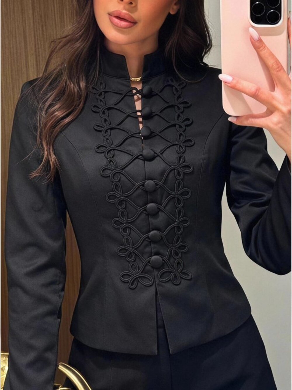 Black Casual Women's High Neck Padded Shoulder Long Sleeve Cinched Waist Jacket